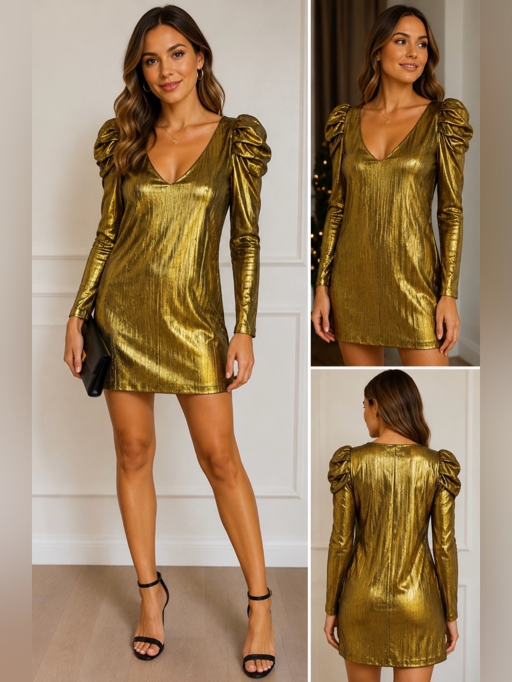 Amanda Uprichard Gold Metallic Puff Sleeve Mini Dress NWT Size Sp